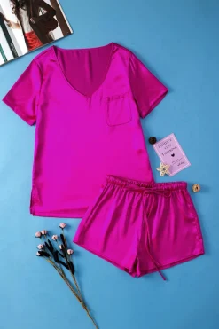 Outlet Dear-Lover Satin V Neck Tee and Drawstring Shorts Set Bright Pink
