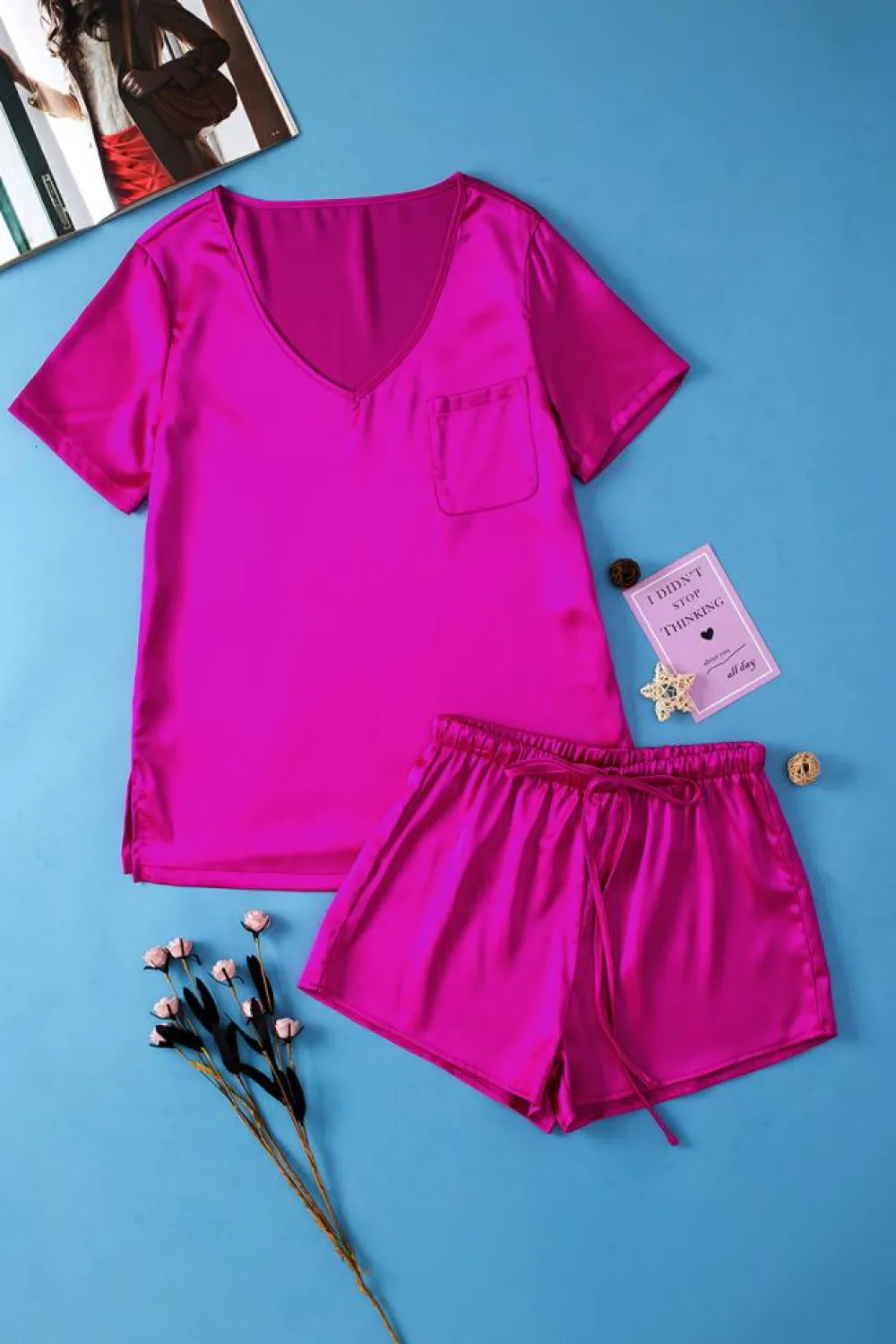 Outlet Dear-Lover Satin V Neck Tee and Drawstring Shorts Set Bright Pink