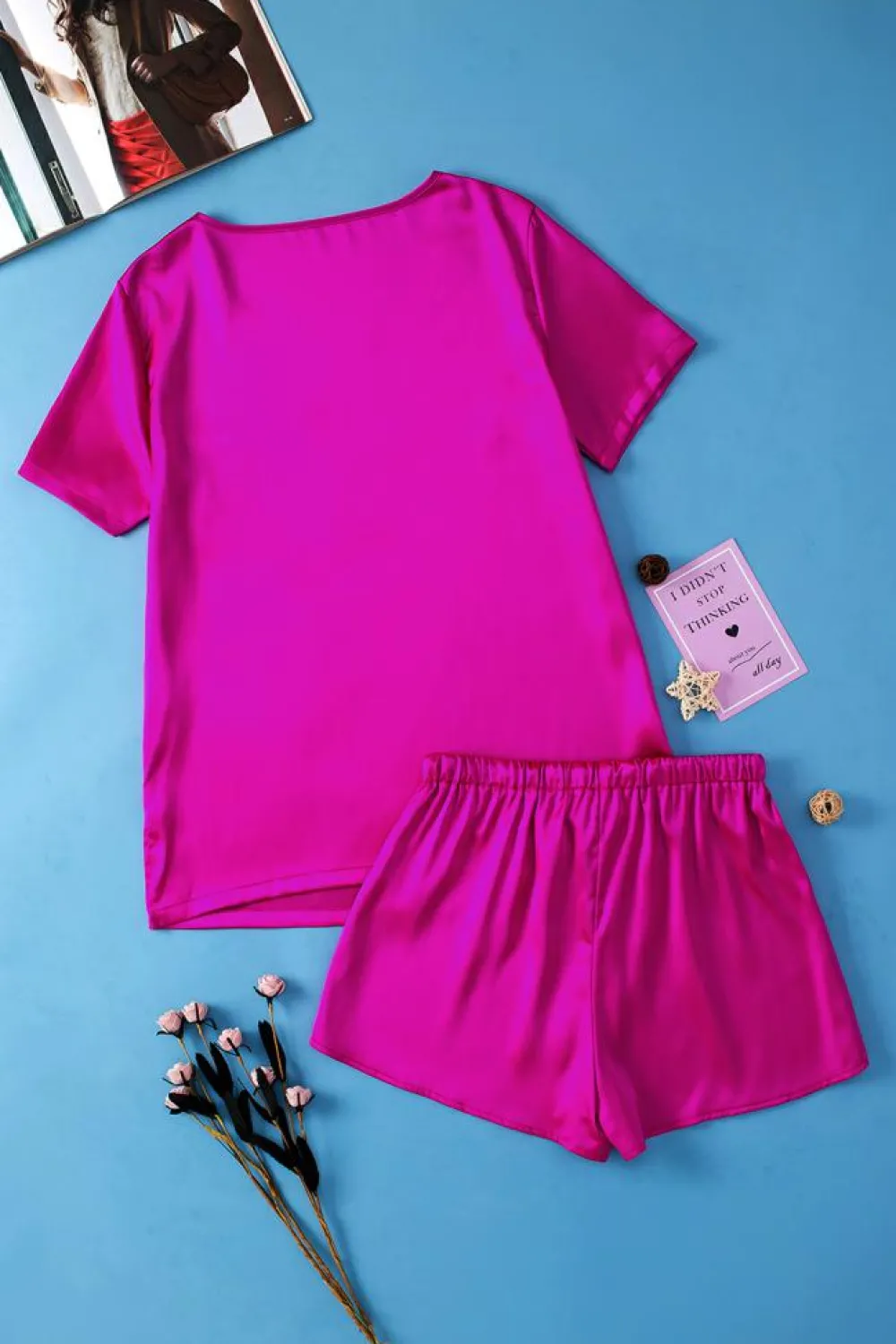Outlet Dear-Lover Satin V Neck Tee and Drawstring Shorts Set Bright Pink