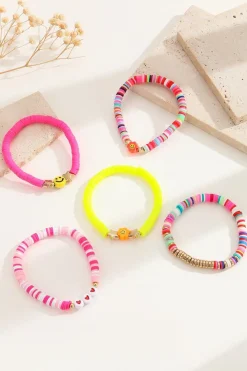 Sale Dear-Lover Smile Face Colorful Beaded 5pcs Bracelet Set Bright Pink