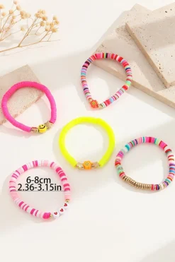 Sale Dear-Lover Smile Face Colorful Beaded 5pcs Bracelet Set Bright Pink