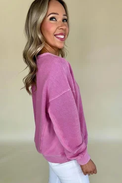 Hot Dear-Lover Solid Color Notched Neck Drop Shoulder Sweatshirt Bright Pink