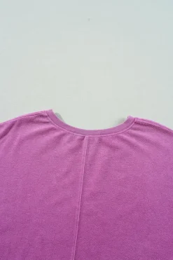 Hot Dear-Lover Solid Color Notched Neck Drop Shoulder Sweatshirt Bright Pink
