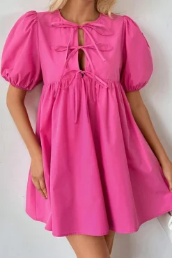 Sale Dear-Lover Solid Color Puff Sleeve Tie Front High Waist Mini Dress Bright Pink