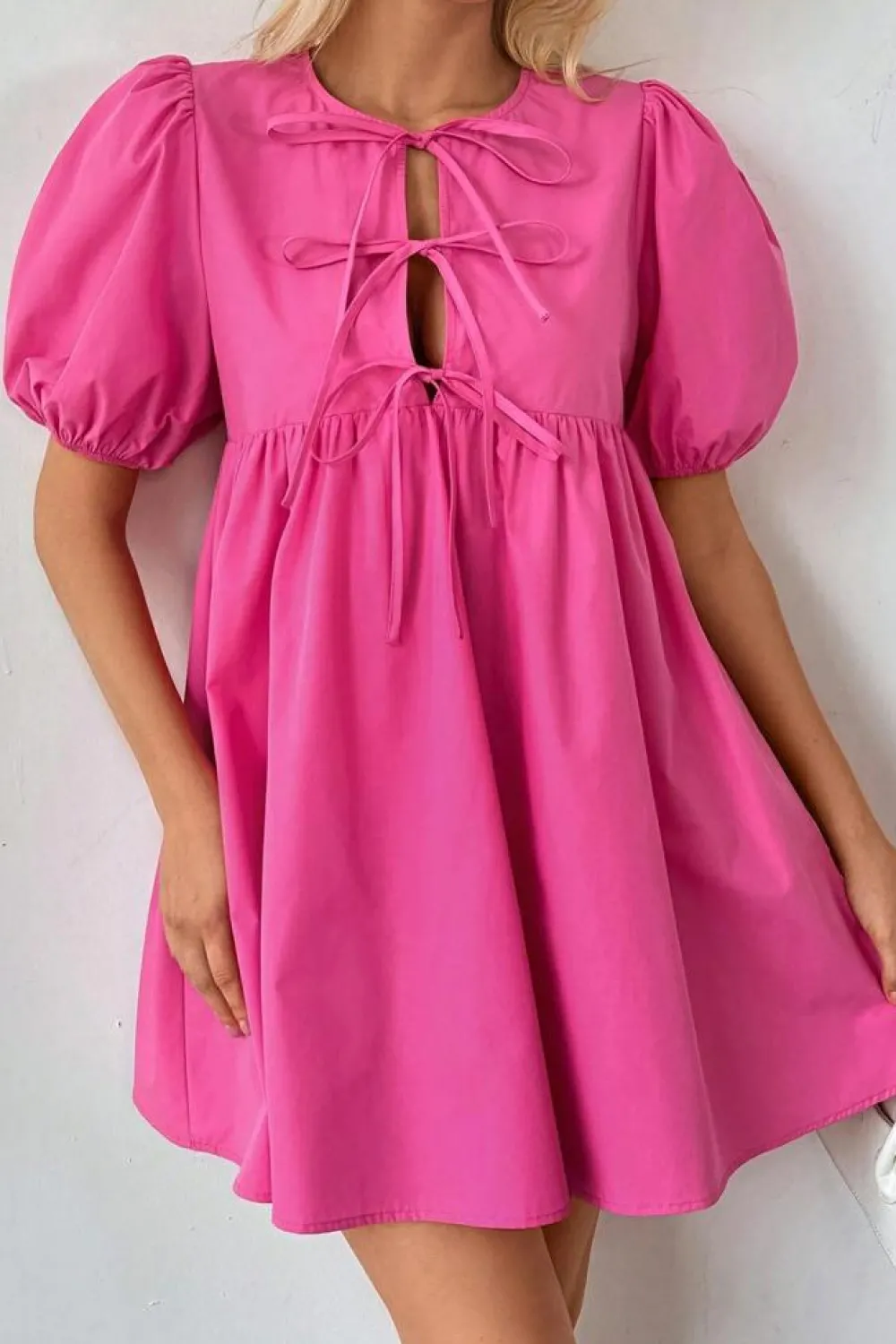 Sale Dear-Lover Solid Color Puff Sleeve Tie Front High Waist Mini Dress Bright Pink