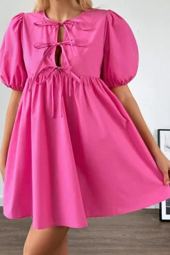 Sale Dear-Lover Solid Color Puff Sleeve Tie Front High Waist Mini Dress Bright Pink