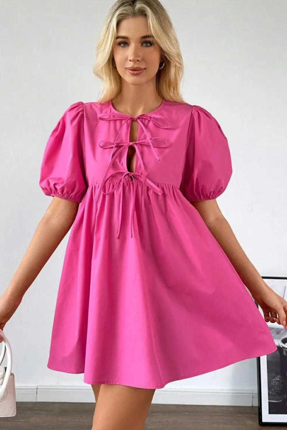 Sale Dear-Lover Solid Color Puff Sleeve Tie Front High Waist Mini Dress Bright Pink