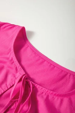 Sale Dear-Lover Solid Color Puff Sleeve Tie Front High Waist Mini Dress Bright Pink