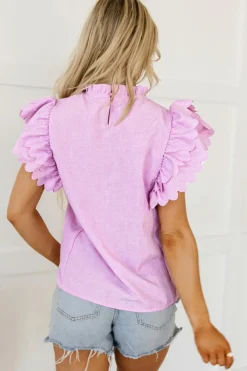 Discount Dear-Lover Solid Color Scalloped Ruffle Sleeve Top Bright Pink