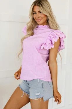 Discount Dear-Lover Solid Color Scalloped Ruffle Sleeve Top Bright Pink