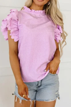 Discount Dear-Lover Solid Color Scalloped Ruffle Sleeve Top Bright Pink