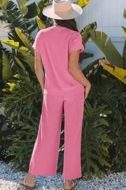 New Dear-Lover Solid Corded Knit Short Sleeve T Shirt and Wide Leg Pants Set Bright Pink