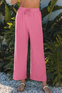 New Dear-Lover Solid Corded Knit Short Sleeve T Shirt and Wide Leg Pants Set Bright Pink