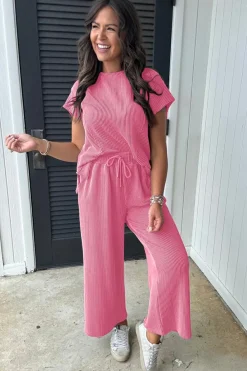 New Dear-Lover Solid Corded Knit Short Sleeve T Shirt and Wide Leg Pants Set Bright Pink