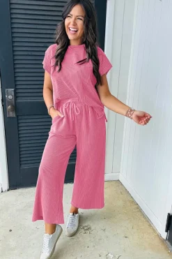 New Dear-Lover Solid Corded Knit Short Sleeve T Shirt and Wide Leg Pants Set Bright Pink
