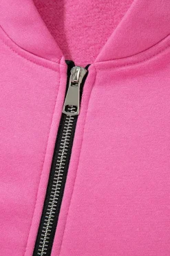 Hot Dear-Lover Solid Seamed Zipper Jacket and Drawstring Waist Pants Set Bright Pink