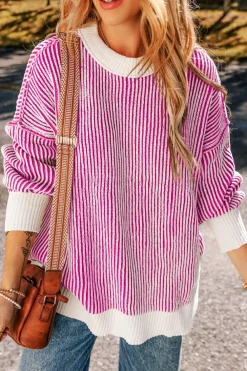 Online Dear-Lover Striped Textured Knit Contrast Edge Loose Sweater Bright Pink