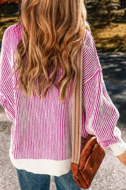 Online Dear-Lover Striped Textured Knit Contrast Edge Loose Sweater Bright Pink