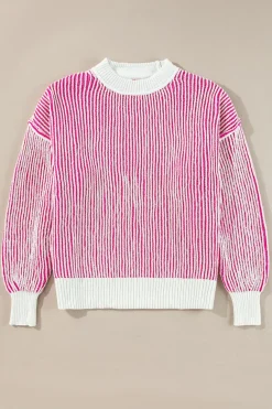 Online Dear-Lover Striped Textured Knit Contrast Edge Loose Sweater Bright Pink