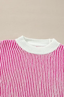 Online Dear-Lover Striped Textured Knit Contrast Edge Loose Sweater Bright Pink