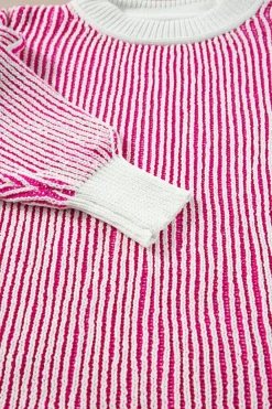 Online Dear-Lover Striped Textured Knit Contrast Edge Loose Sweater Bright Pink