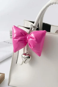 Sale Dear-Lover Sweet PU Leather Bow Knot Heart Keychain Bright Pink