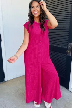 New Dear-Lover Terry Textured Sleeveless Button Front Wide Leg Jumpsuit Bright Pink