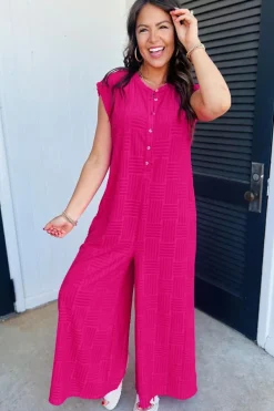 New Dear-Lover Terry Textured Sleeveless Button Front Wide Leg Jumpsuit Bright Pink