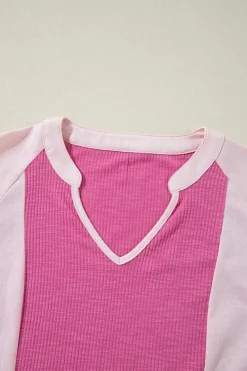 Fashion Dear-Lover Textured Colorblock 3/4 Sleeve Oversize Top Bright Pink
