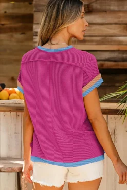 Hot Dear-Lover Textured Contrast Trim Round Neck T Shirt Bright Pink