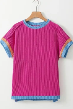 Hot Dear-Lover Textured Contrast Trim Round Neck T Shirt Bright Pink