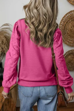 Fashion Dear-Lover Textured Patchwork Round Neck Sweatshirt Bright Pink
