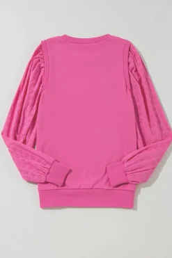 Fashion Dear-Lover Textured Patchwork Round Neck Sweatshirt Bright Pink