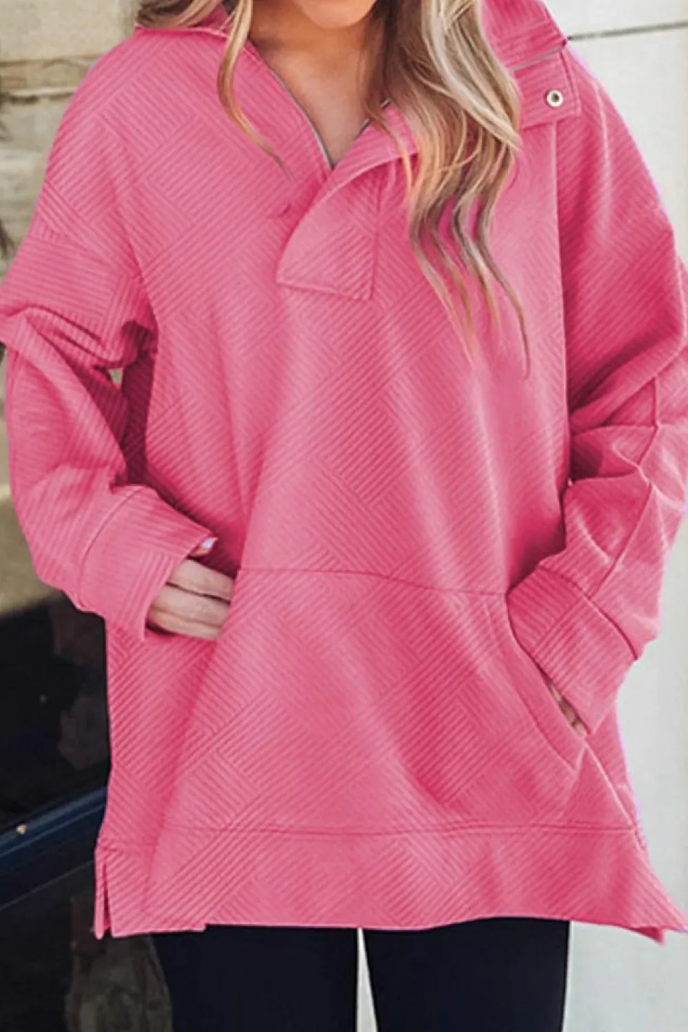 Hot Dear-Lover Textured Zipped Neckline Kangaroo Pocket Sweatshirt Bright Pink