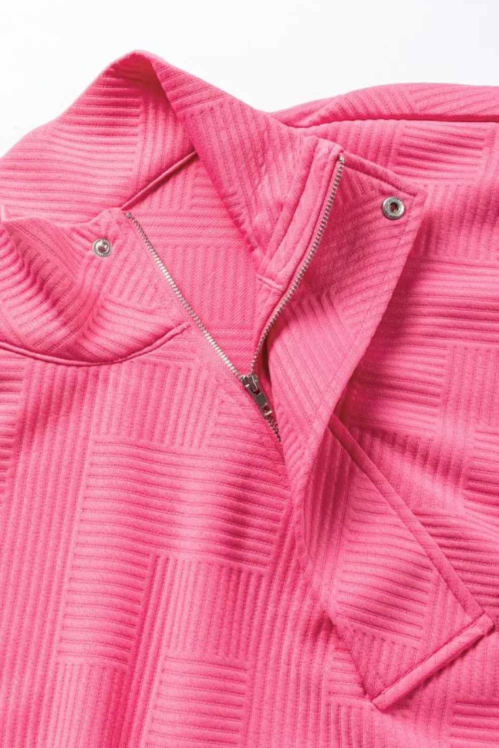 Hot Dear-Lover Textured Zipped Neckline Kangaroo Pocket Sweatshirt Bright Pink