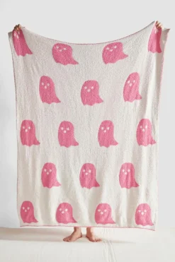 Discount Dear-Lover Two-Tone Colorblock Halloween Cute Ghost Printed Blanket Bright Pink