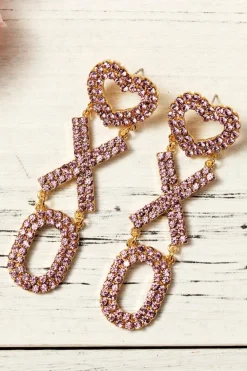 Outlet Dear-Lover Valentine Heart XOXO Rhinestone Earrings Bright Pink