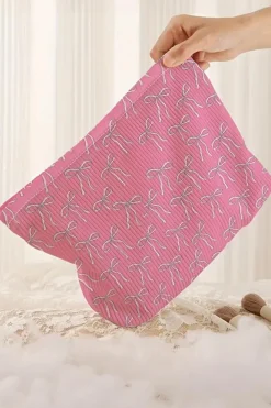 Online Dear-Lover Valentines Fashion Bow Print Ribbed Storage Bag Bright Pink
