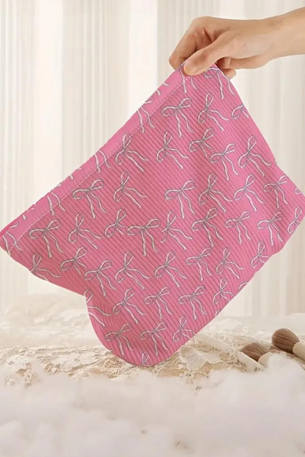 Online Dear-Lover Valentines Fashion Bow Print Ribbed Storage Bag Bright Pink