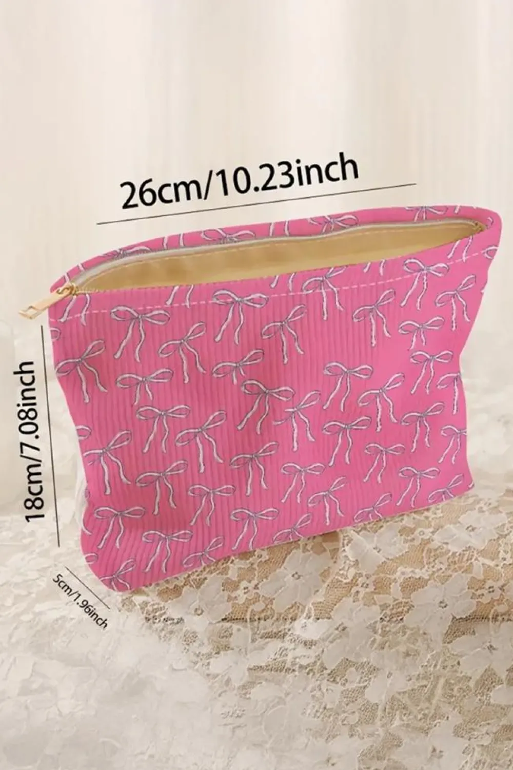 Online Dear-Lover Valentines Fashion Bow Print Ribbed Storage Bag Bright Pink