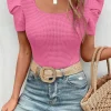 Hot Dear-Lover Waffle Knit Ruched Puff Sleeve Top Bright Pink