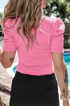 Hot Dear-Lover Waffle Knit Ruched Puff Sleeve Top Bright Pink