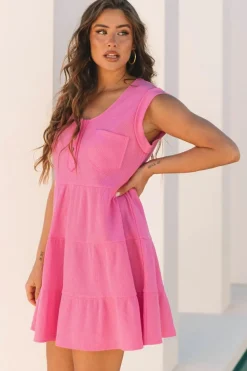 Hot Dear-Lover Waffle Textured Button Round Neck A-line Tiered Sleeveless Dress Bright Pink