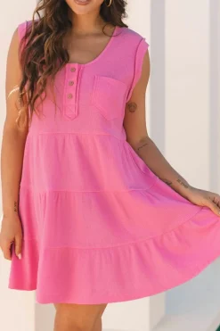 Hot Dear-Lover Waffle Textured Button Round Neck A-line Tiered Sleeveless Dress Bright Pink