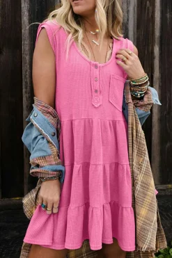 Hot Dear-Lover Waffle Textured Button Round Neck A-line Tiered Sleeveless Dress Bright Pink