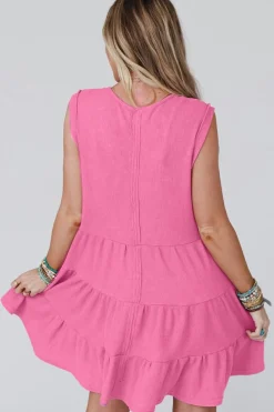 Hot Dear-Lover Waffle Textured Button Round Neck A-line Tiered Sleeveless Dress Bright Pink
