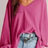 Clearance Dear-Lover Waffle V Neck Long Sleeve Drop Shoulder Loose Blouse Bright Pink