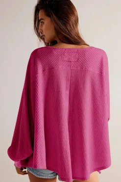 Clearance Dear-Lover Waffle V Neck Long Sleeve Drop Shoulder Loose Blouse Bright Pink
