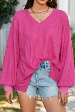 Clearance Dear-Lover Waffle V Neck Long Sleeve Drop Shoulder Loose Blouse Bright Pink
