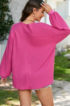 Clearance Dear-Lover Waffle V Neck Long Sleeve Drop Shoulder Loose Blouse Bright Pink
